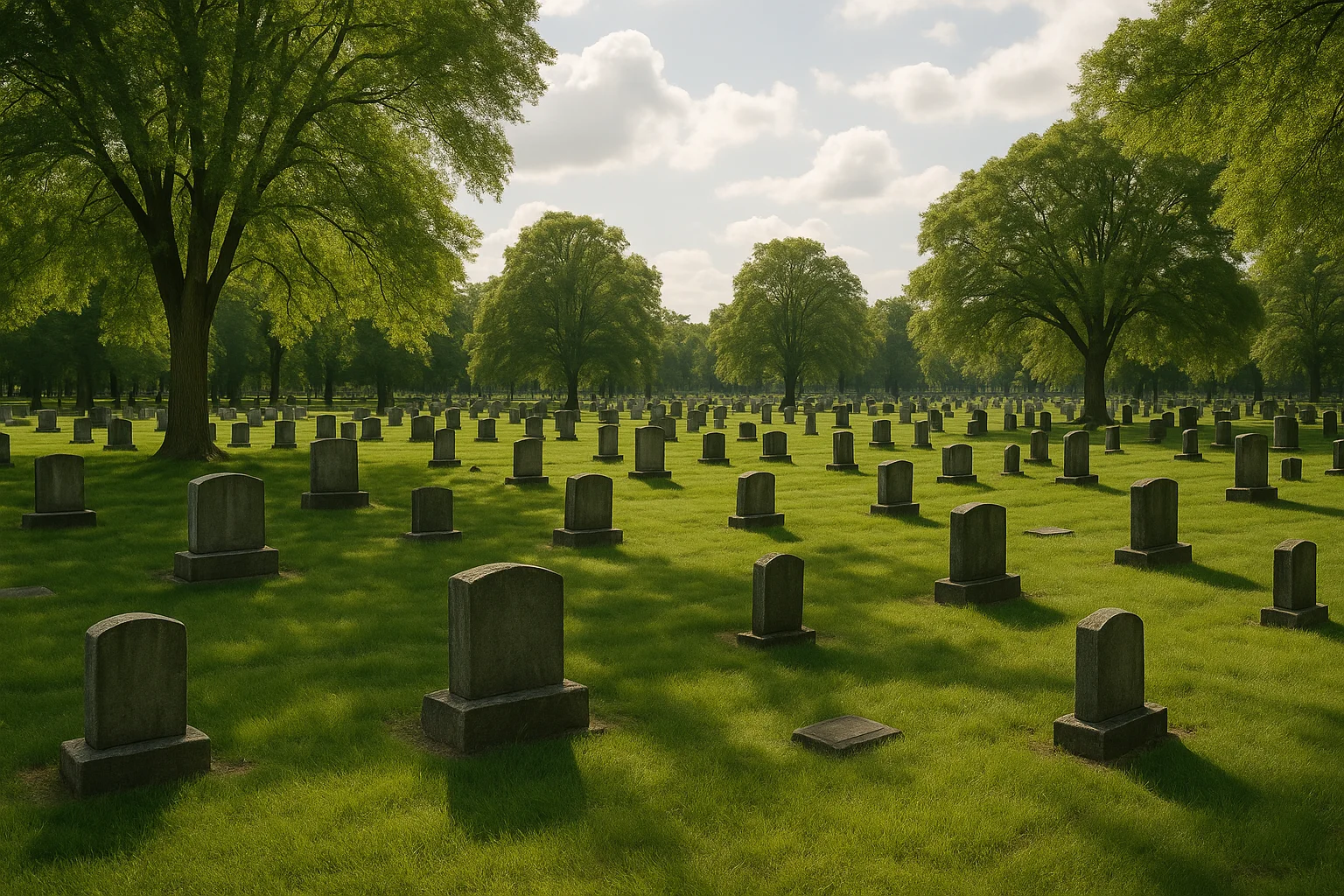 a serene cemetery with evenly spaced headstones and large, leafy green trees under a partly cloudy sky.