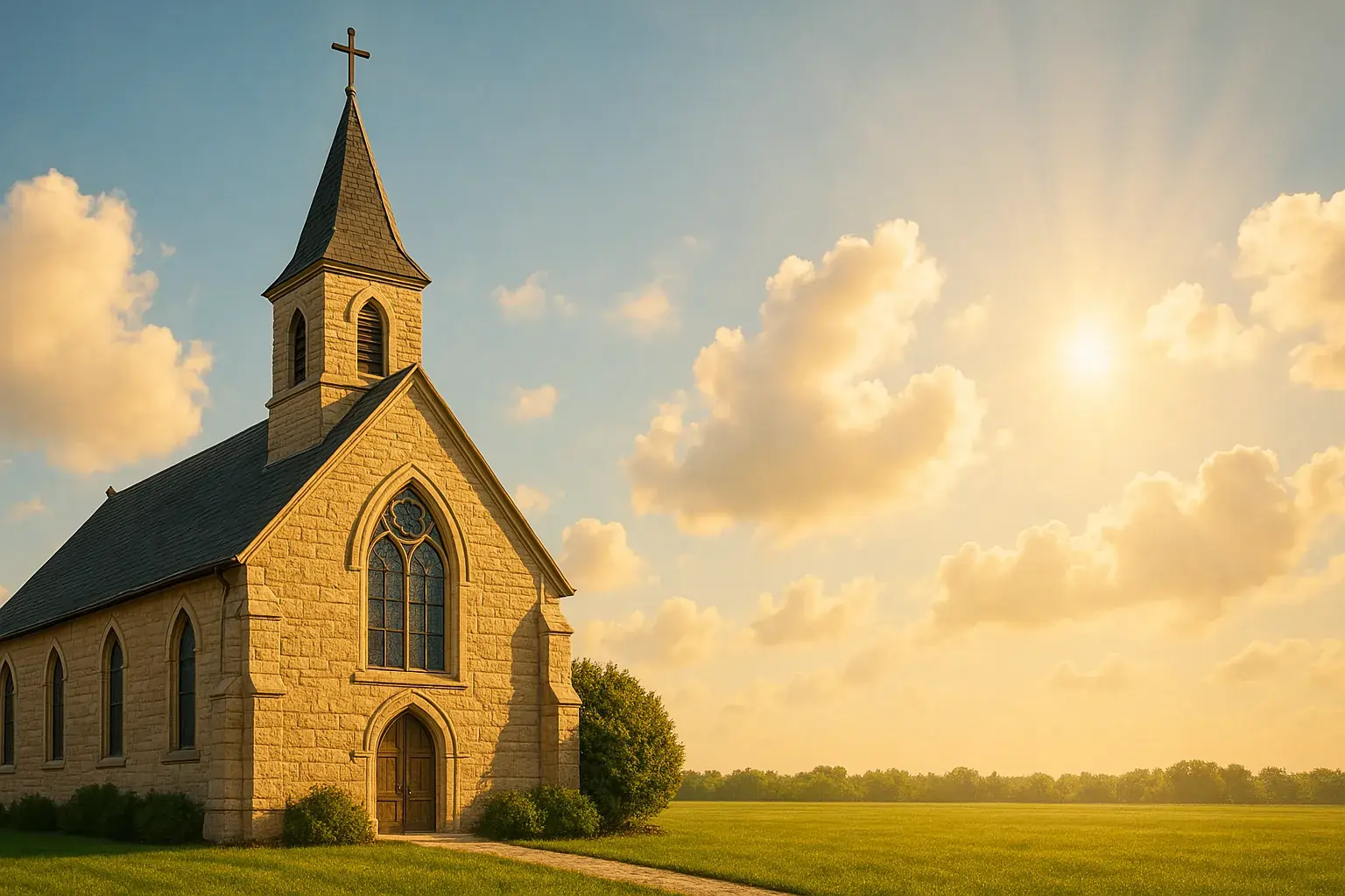 Traditional countryside church glowing in warm sunset light – local place of worship