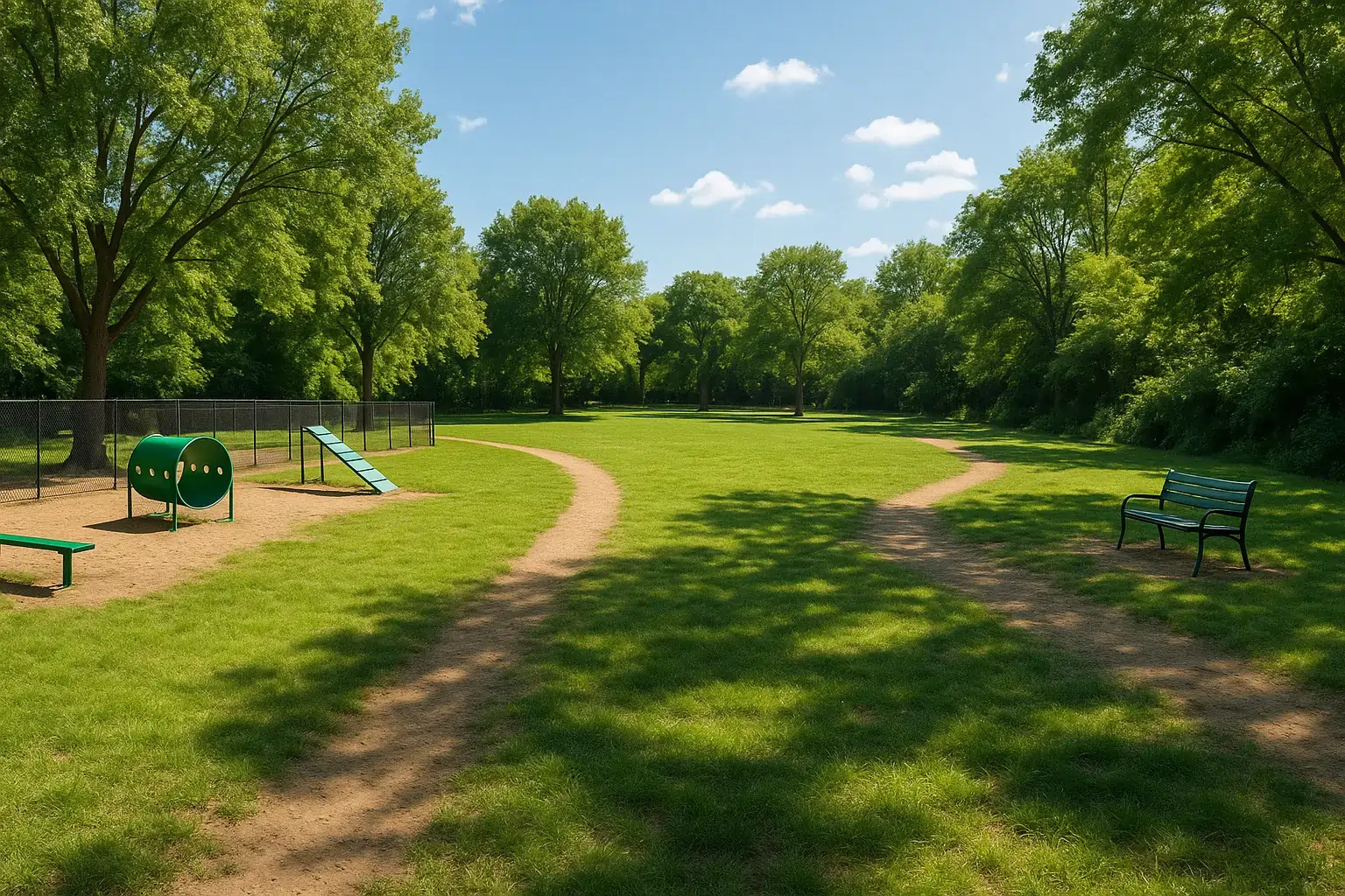 Spacious dog park with agility ramps and walking paths under sunny skies