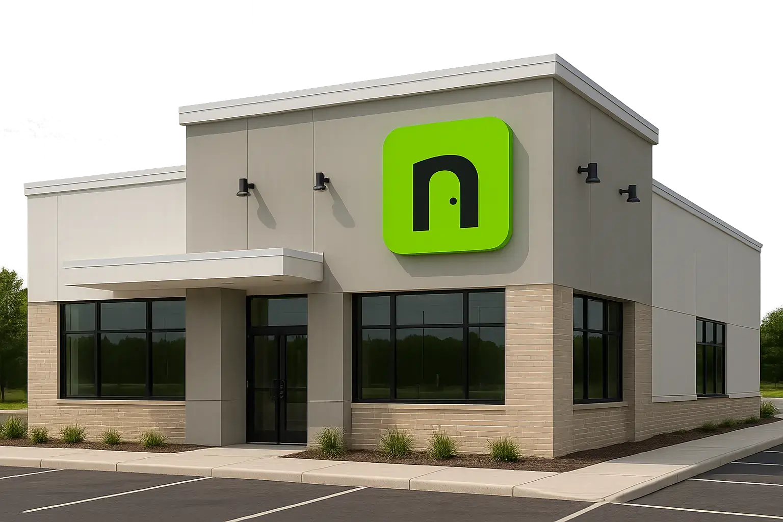Modern plasma donation center with Nearestdoor logo – health services nearby