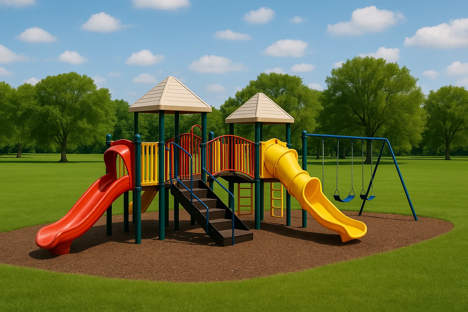 Bright, colorful playground featuring red and yellow slides, swings, and climbing bars on a well-maintained grassy park under a clear sky.