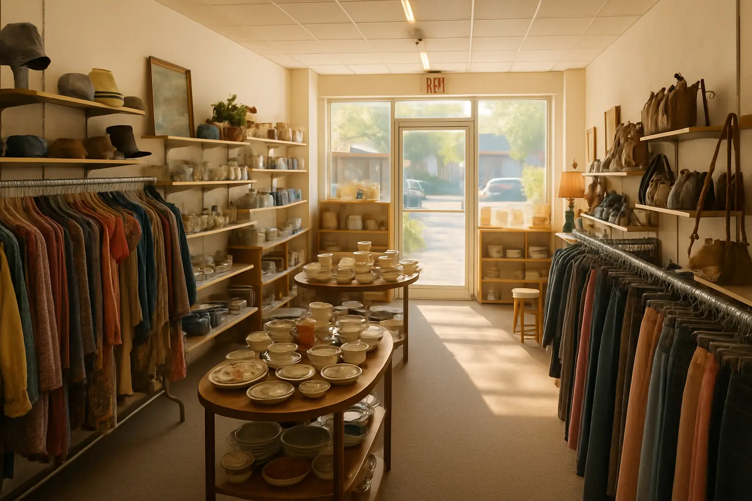 Sunlit thrift store entrance with racks of colorful clothing, shelves of pottery, handmade bags, and decorative items arranged neatly on both sides.