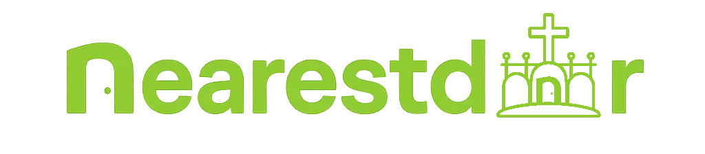 nearestdoor.com header icon, The word 'Nearestdoor' in a bold, modern font with a neon green glow effect. The letter 'N' is stylized to resemble a door with a circular doorknob, with o letter made of cemetery.