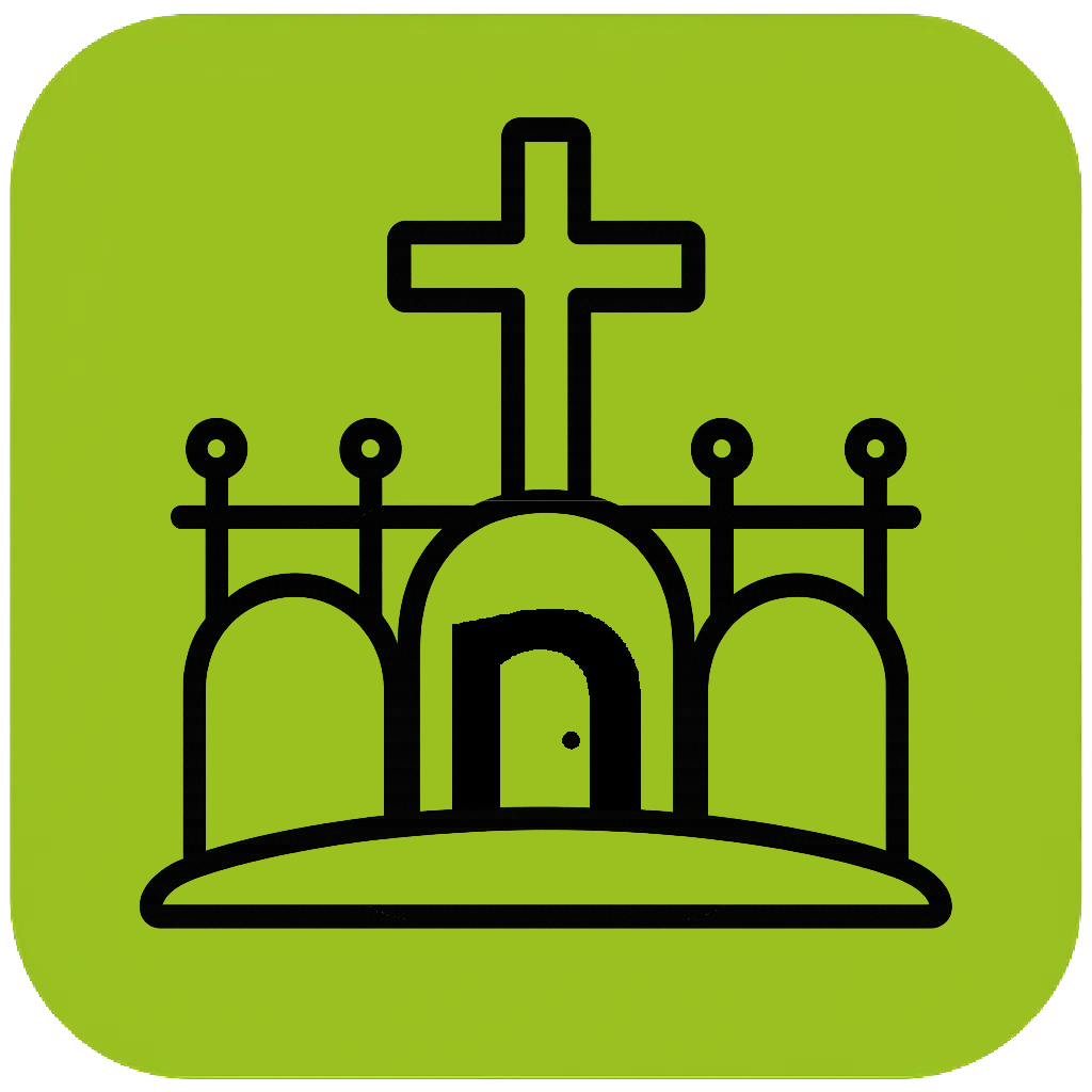 nearestdoor.com footer icon, Black cemetery icon with a nearestdoor icon and cross on top, on a bright green rounded square background.