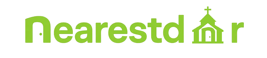 nearestdoor.com header icon, The word 'Nearestdoor' in a bold, modern font with a neon green glow effect. The letter 'N' is stylized to resemble a door with a circular doorknob, with o letter made of church.