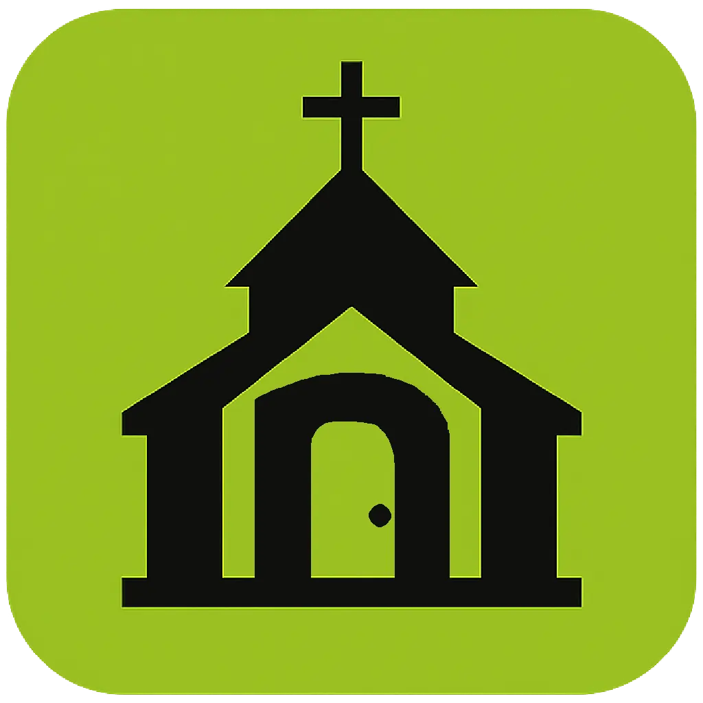 nearestdoor.com footer icon, Black church icon with a door and cross on top, on a bright green rounded square background.