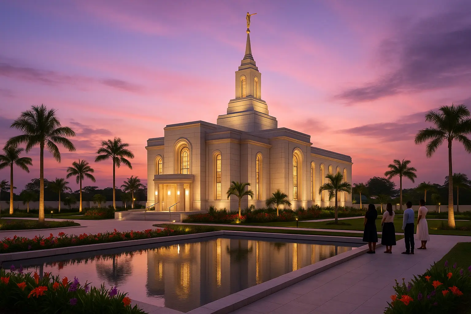 Twilight rendering of the Abidjan Ivory Coast Temple glowing against a palm-lined skyline., church