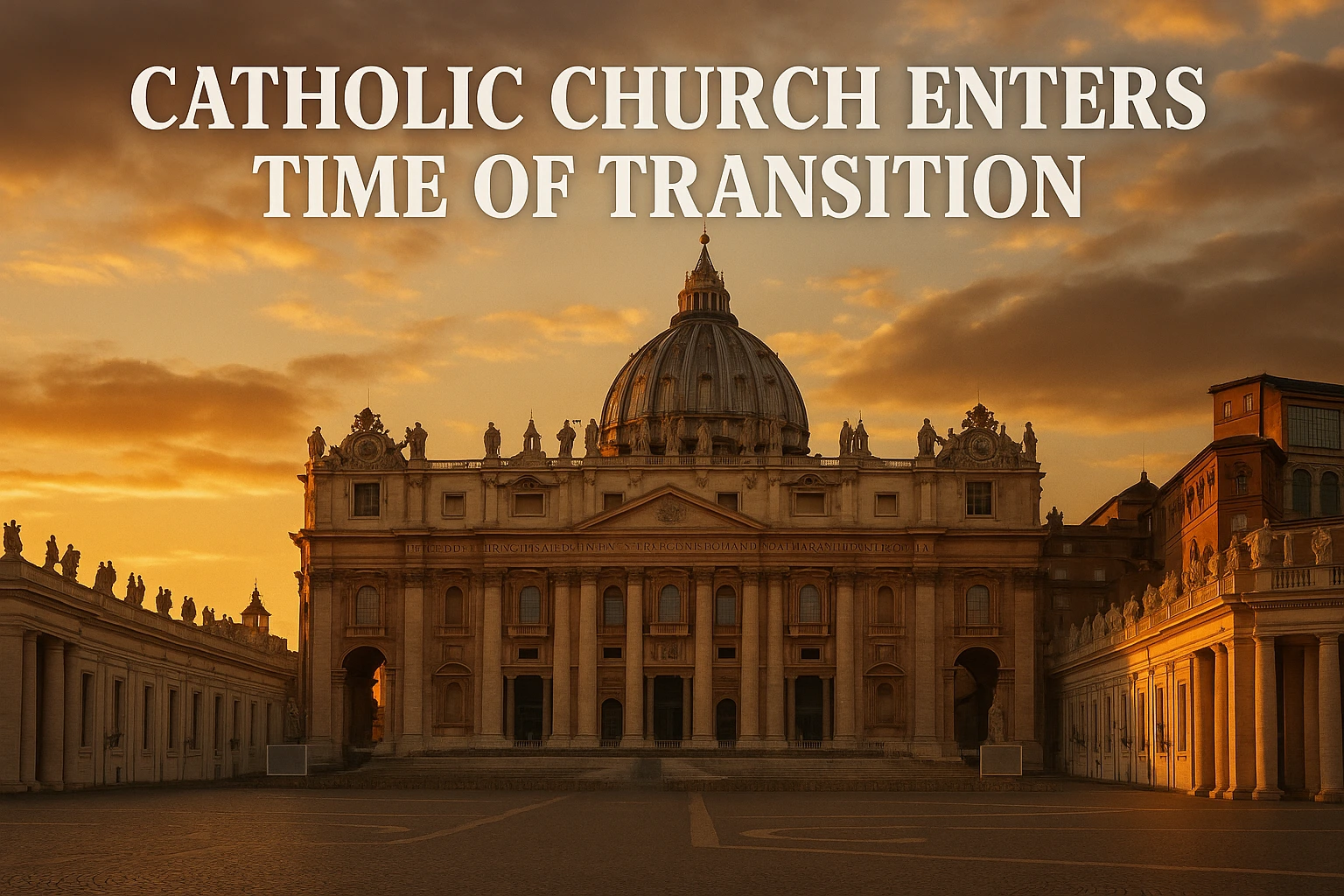 Twilight view of St. Peter’s Basilica with crossed keys symbolizing the Catholic Church’s time of transition., church