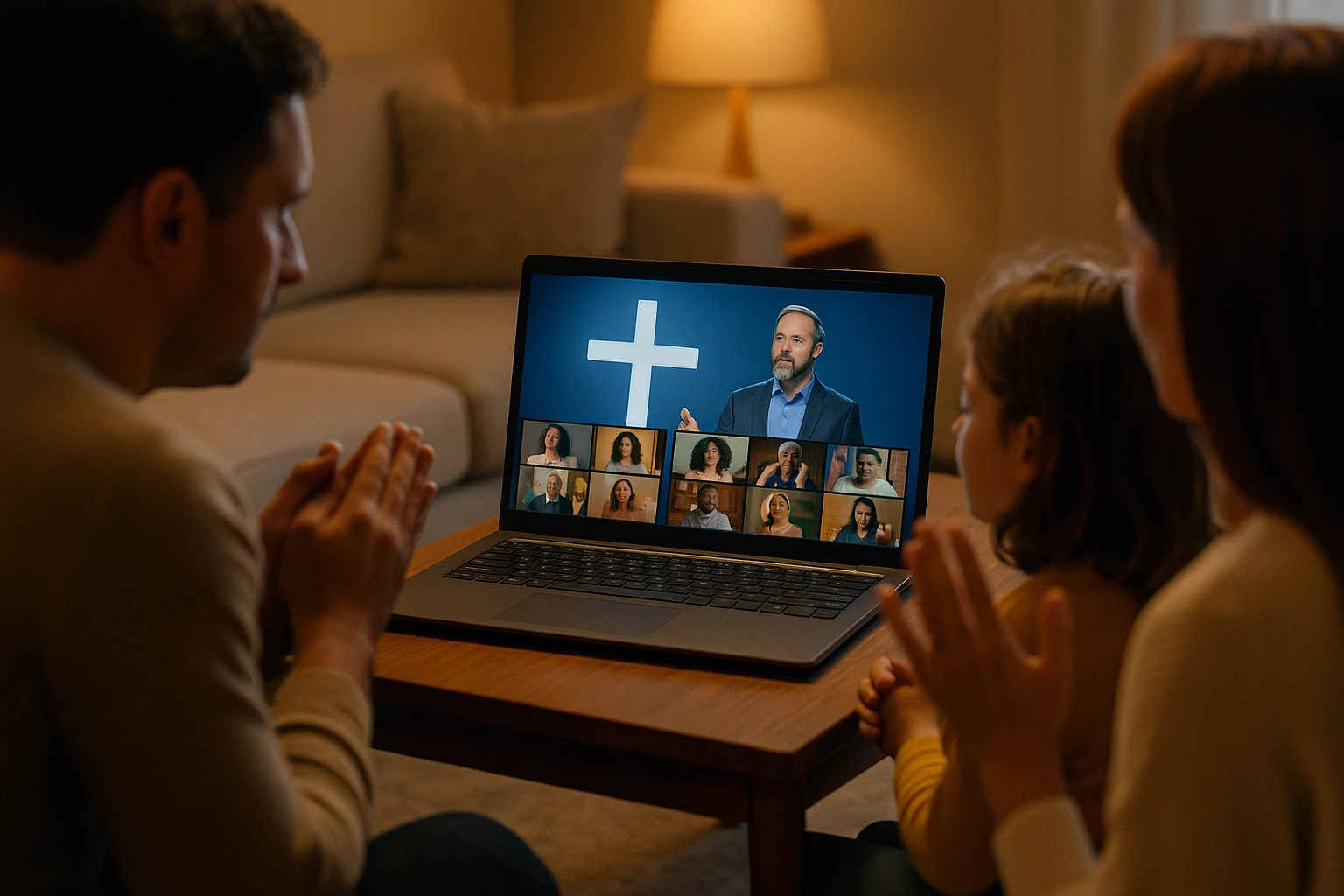 Family watching a live-streamed church service on a laptop in their living room., church