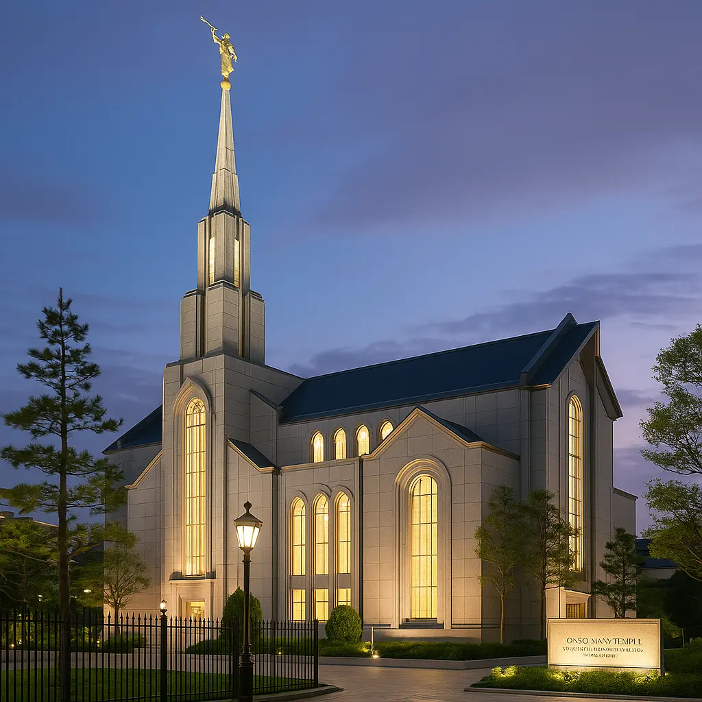 Tokyo Japan Temple illuminated at dusk with its golden Angel Moroni spire against a violet sky., church