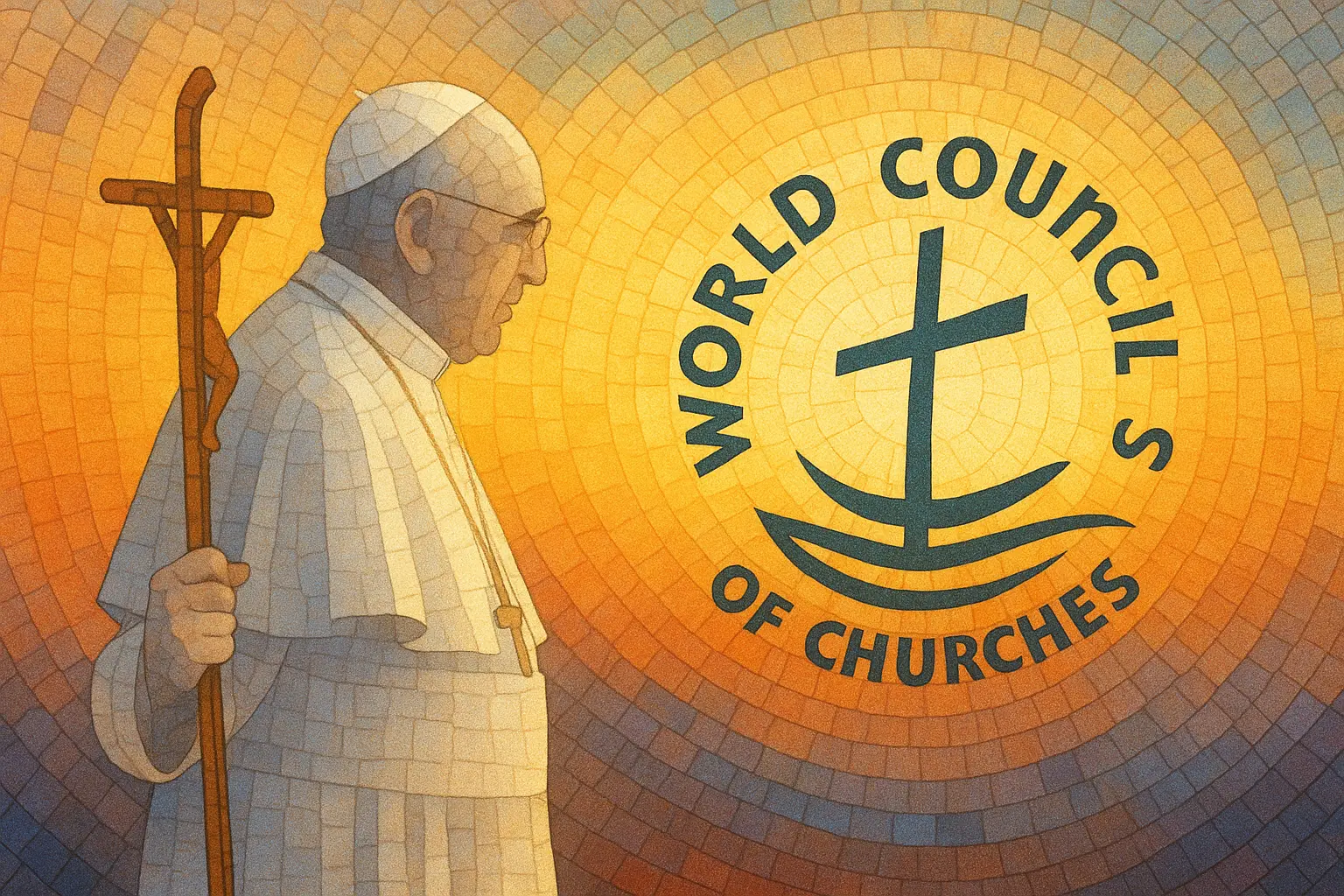 Mosaic-style illustration of Pope Francis beside the World Council of Churches emblem at sunrise., church