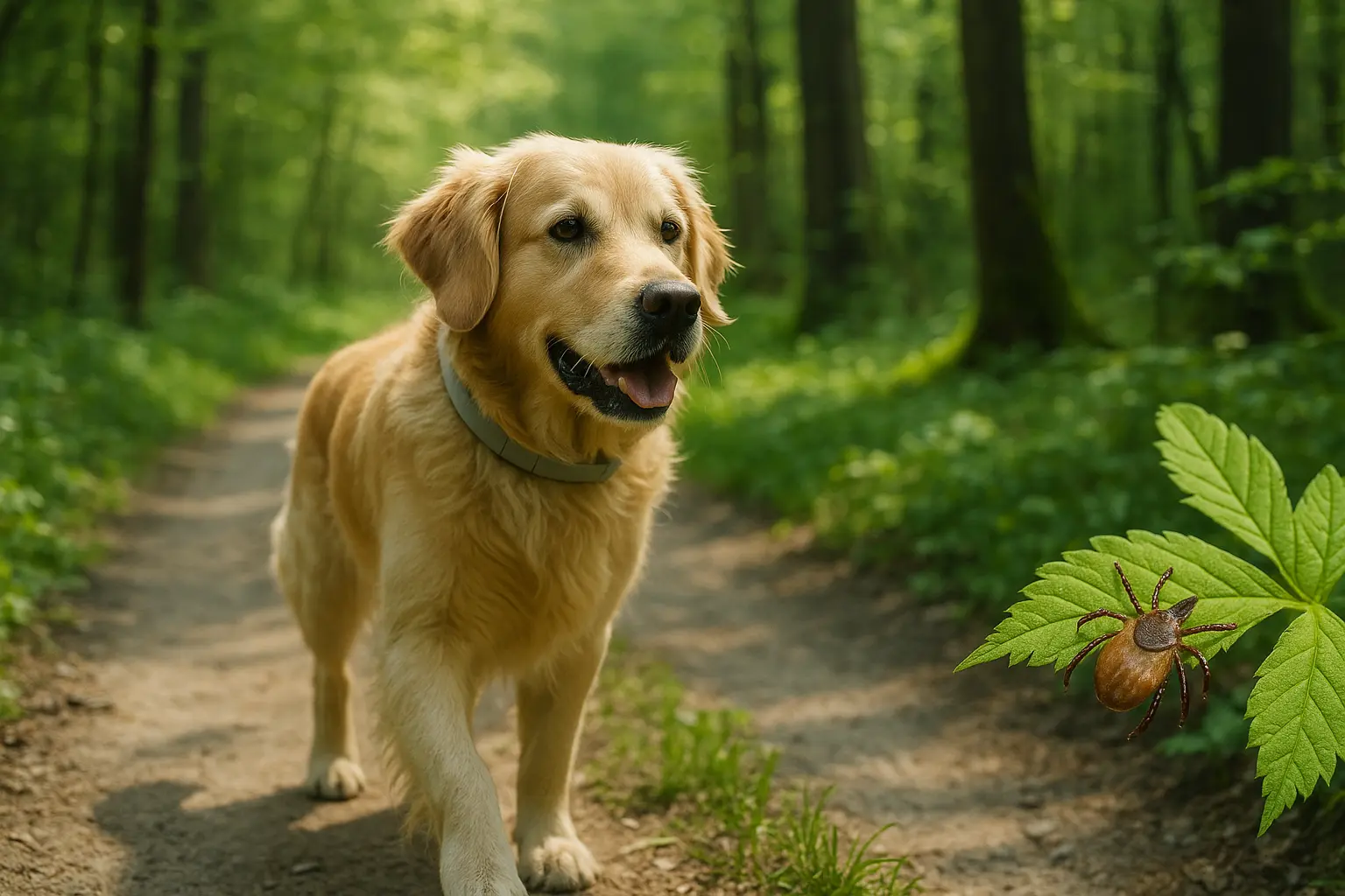 Golden retriever wearing a tick-prevention collar on a forest trail., dog-park