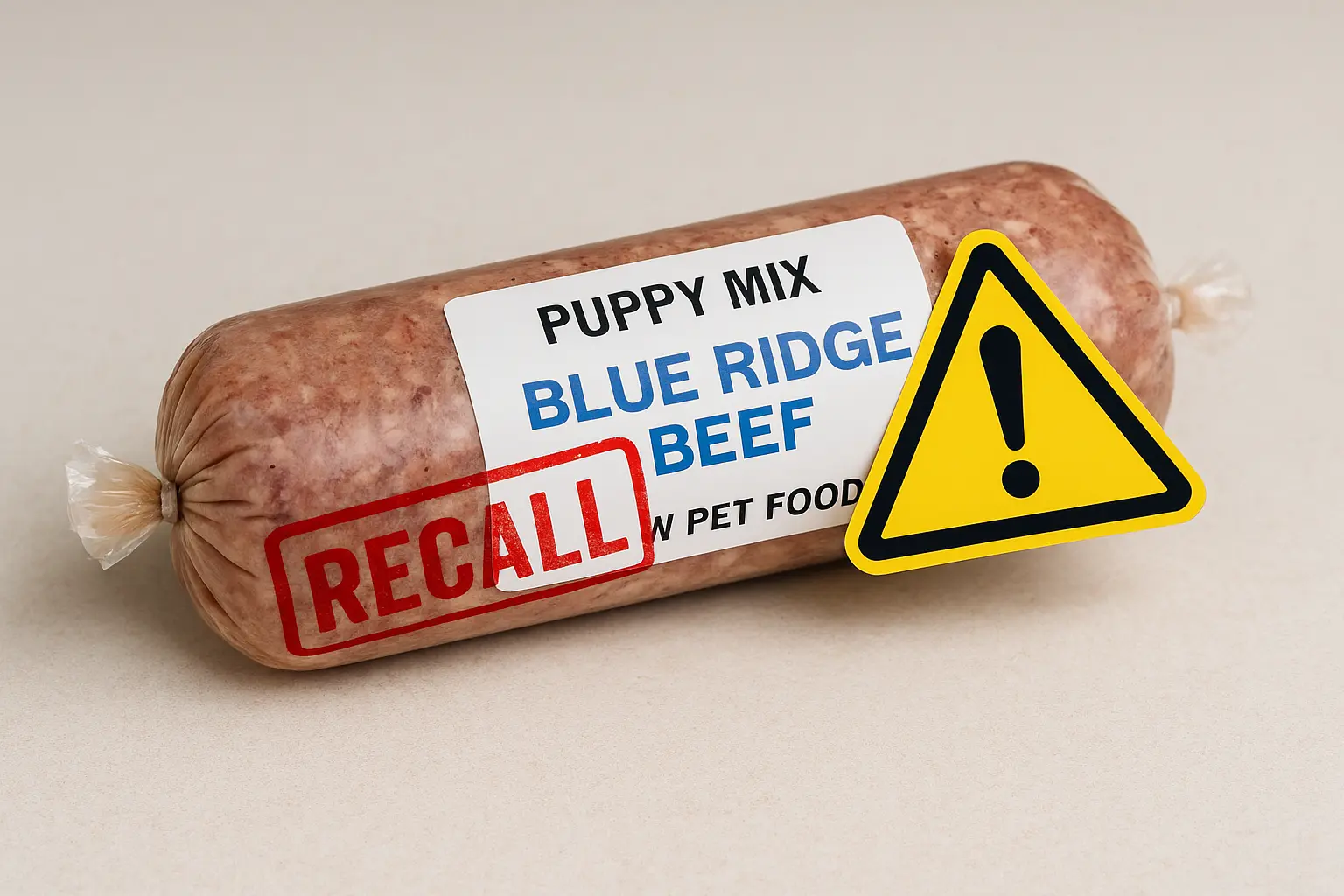 Blue Ridge Beef raw Puppy Mix chub with red RECALL stamp and warning sign.