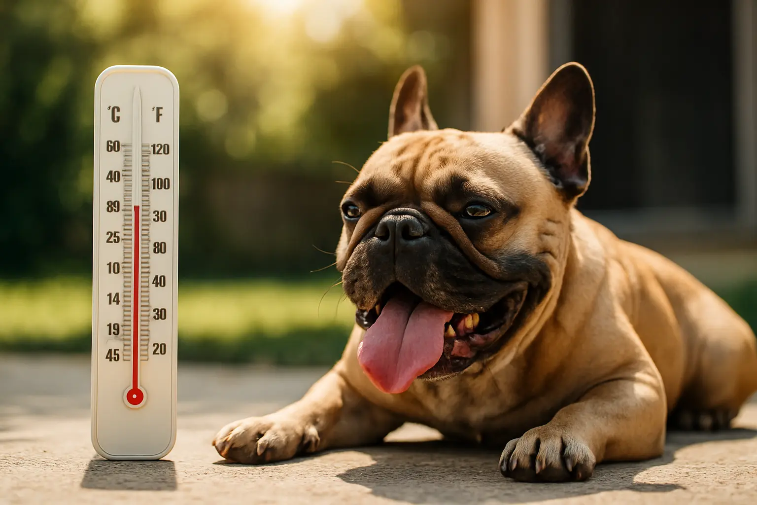 Panting French Bulldog lying in shade next to a thermometer reading 90°F., dog-park