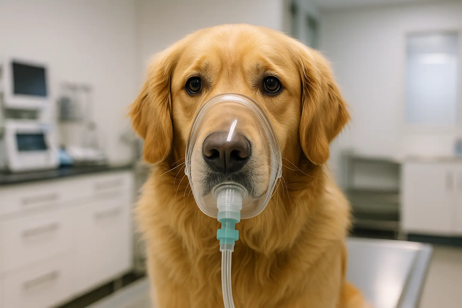 Concerned golden retriever wearing a veterinary oxygen mask during Georgia’s mystery canine respiratory outbreak., dog-park
