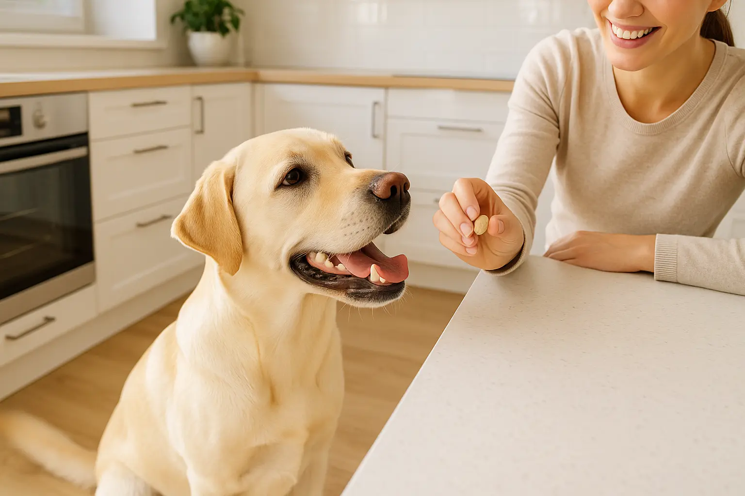 Dog owner offering a Simparica Trio chewable tablet to a happy Labrador in a bright kitchen., dog-park