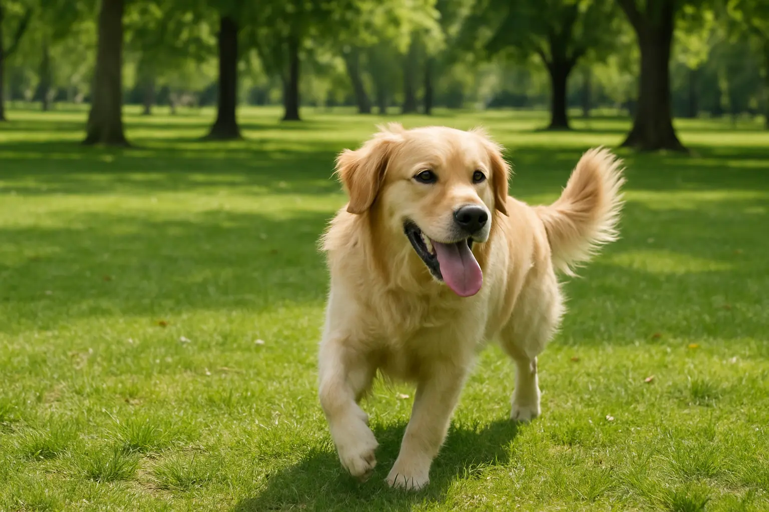 Golden retriever bounding through sun-lit meadow grass with Berkshire hills in the distance., dog-park