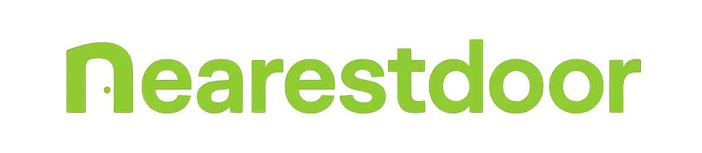 Nearestdoor.com header icon, The word 'Nearestdoor' in a bold, modern font with a neon green glow effect. The letter 'N' is stylized to resemble a door with a circular doorknob.