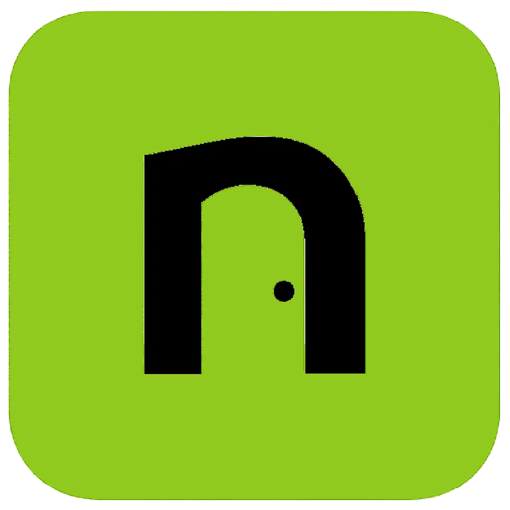Nearestdoor.com footer icon, A neon green square logo with rounded corners featuring a stylized lowercase 'n' shaped like a door with a circular doorknob in the center.