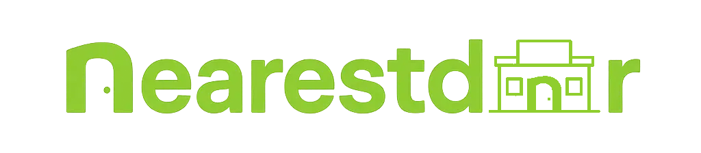 nearestdoor.com header icon, The word 'Nearestdoor' in a bold, modern font with a neon green glow effect. The letter 'N' is stylized to resemble a door with a circular doorknob,  with o letters made of plasma center with 'n' inside.