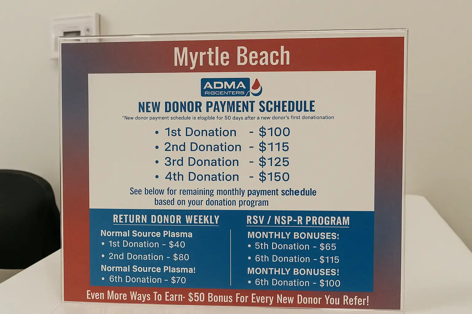 ADMA Biocenters payment schedule poster showing compensation rates for new and returning plasma donors., plasma-center