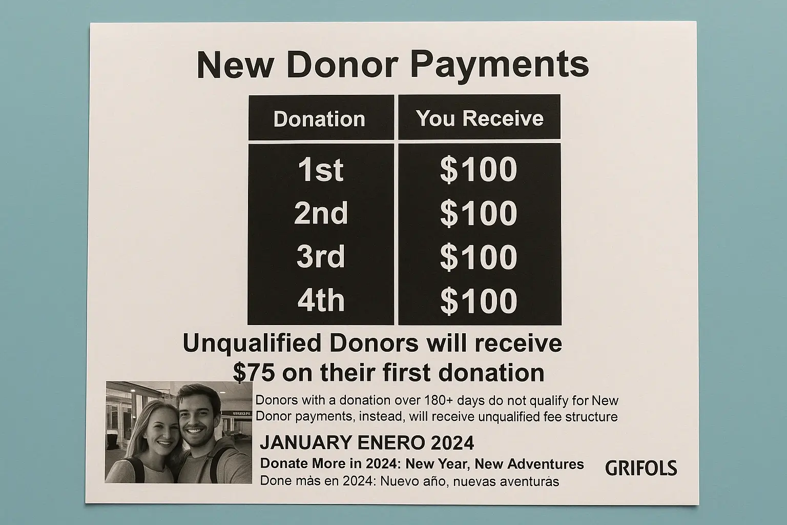 Grifols returning and new customer donation pricing sheet., plasma-center