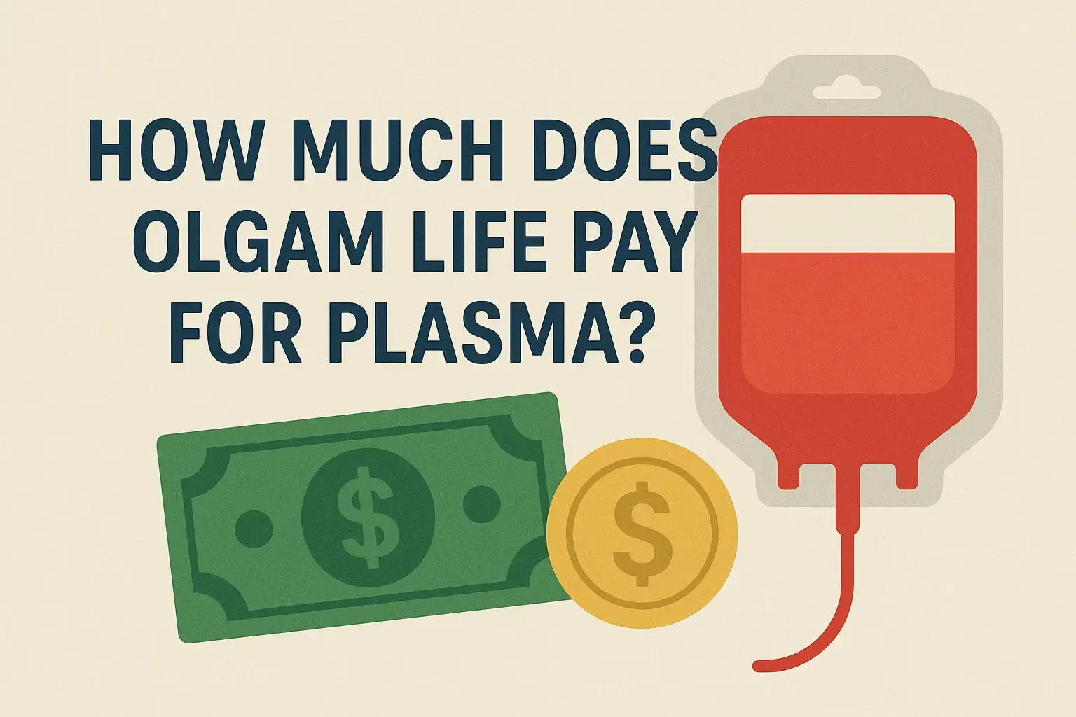 Graphic showing the text 'How Much Does Olgam Life Pay For Plasma?' with illustrations of a dollar bill, coin, and a red plasma donation bag.