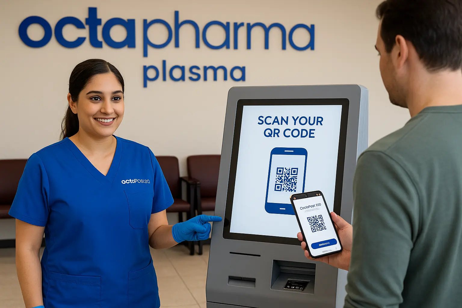 Octapharma phlebotomist shows a donor how to scan the new OctaPass 2.0 QR code at a self-service kiosk., plasma-center