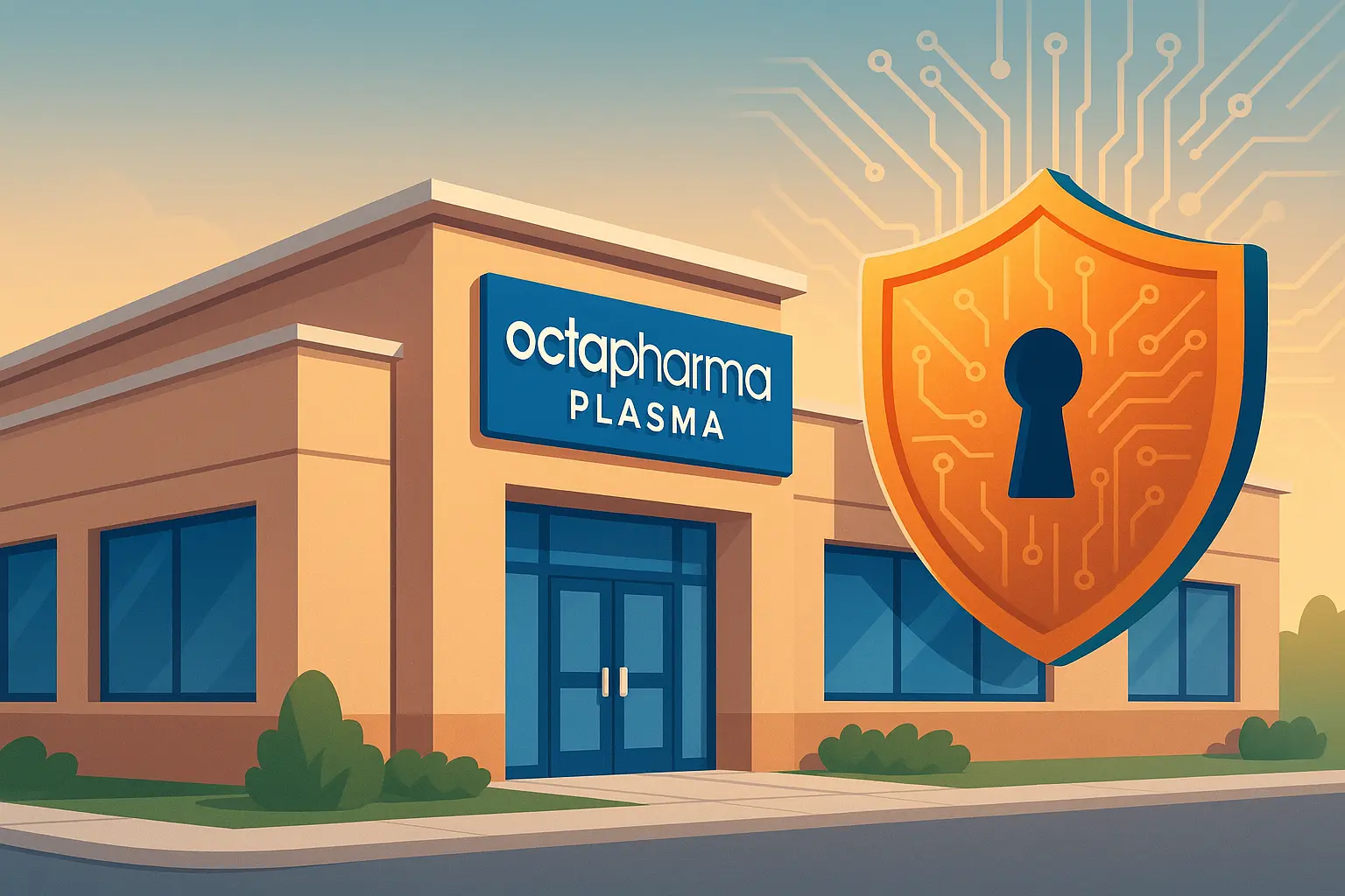 Illustration of an Octapharma Plasma center with a digital shield symbolizing cybersecurity.