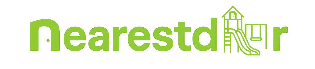 nearestdoor.com header icon, The word 'Nearestdoor' in a bold, modern font with a neon green glow effect. The letter 'N' is stylized to resemble a door with a circular doorknob,  with o letter made of playground.