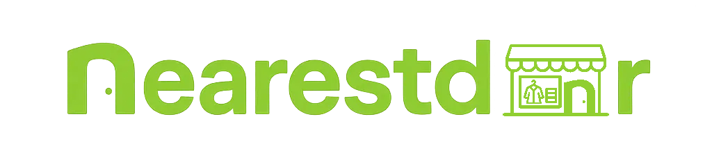 nearestdoor.com header icon, The word 'Nearestdoor' in a bold, modern font with a neon green glow effect. The letter 'N' is stylized to resemble a door with a circular doorknob, with o letter made of thrift store.
