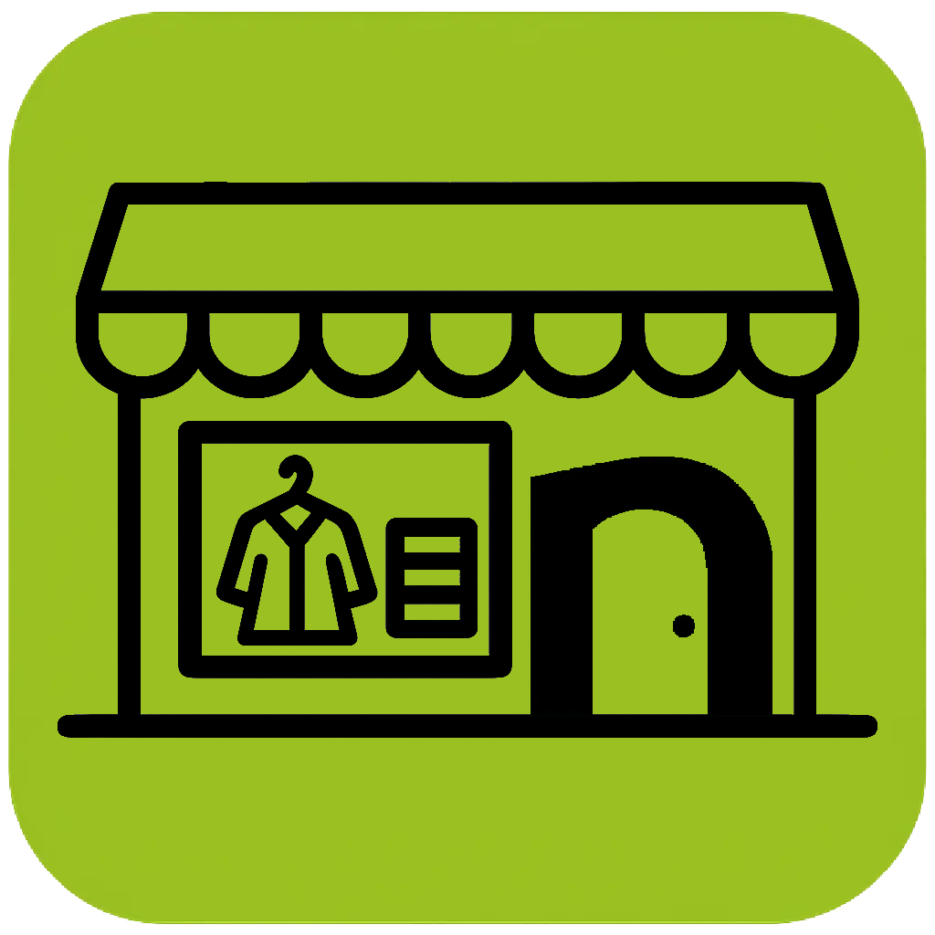 nearestdoor.com footer icon, Black thrift store icon with a door made of nearestdoor logo, on a bright green rounded square background.