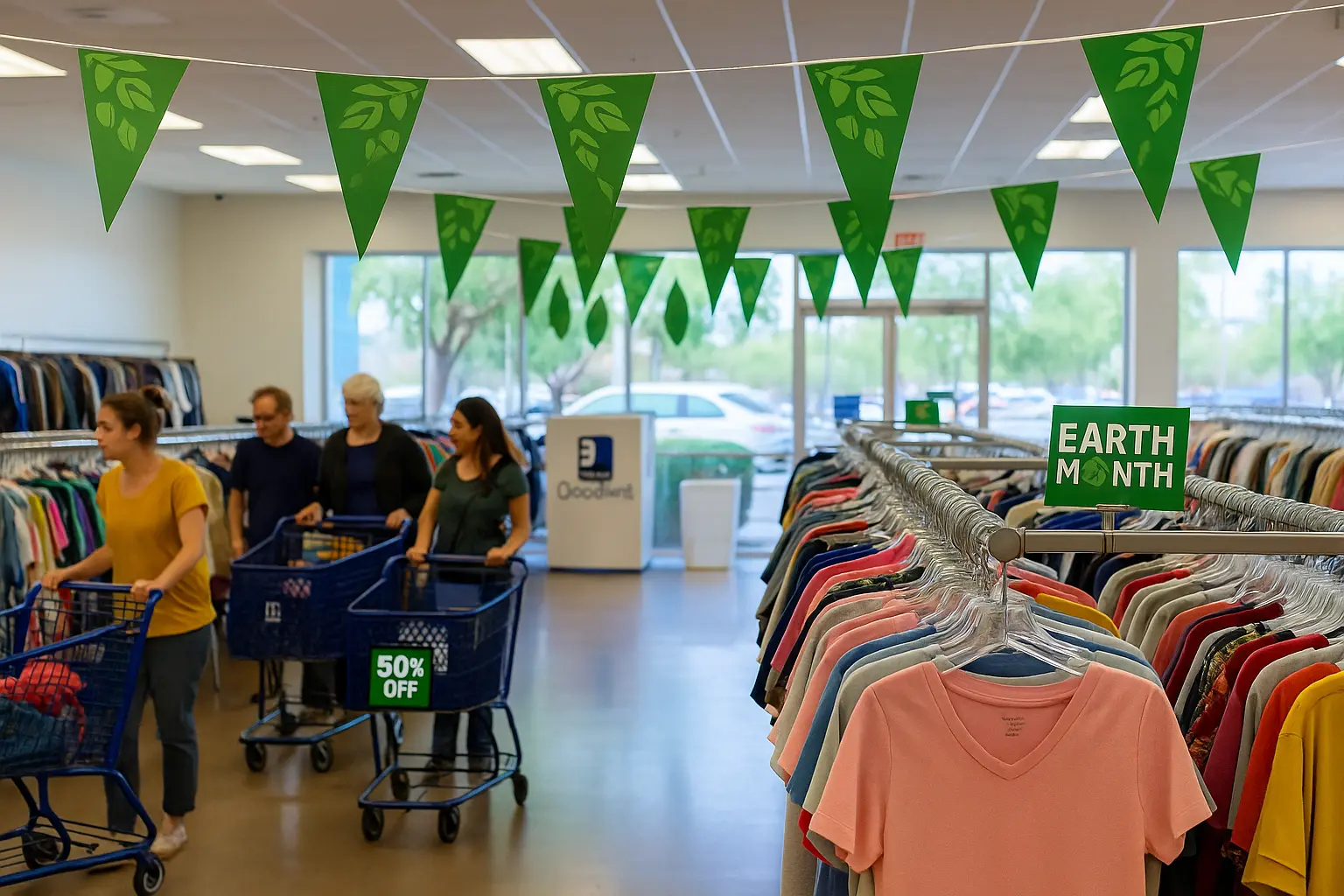 Shoppers browsing clothing racks under green Earth Month banners at a Goodwill store during a 50%-off sustainability event., thrift-store
