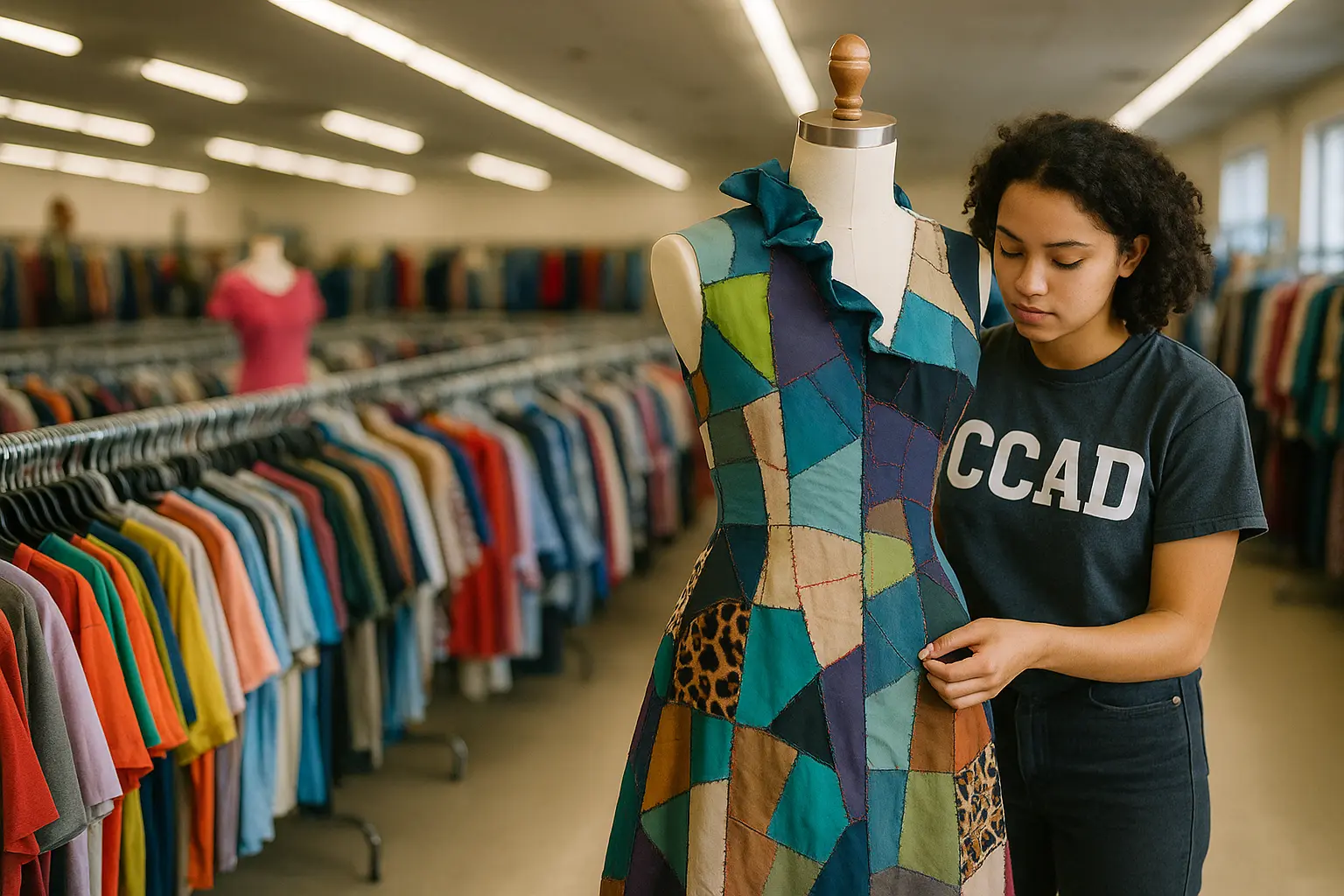 CCAD student showcasing avant-garde outfit made from upcycled Goodwill materials., thrift-store