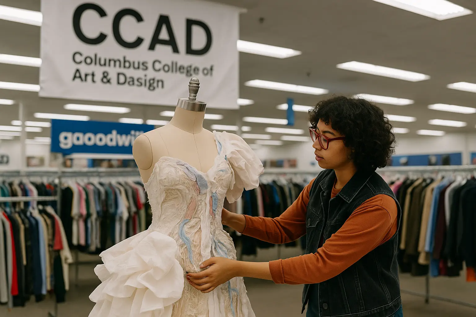 CCAD fashion student adjusts an upcycled couture dress on a mannequin inside a Goodwill store, with racks of donated clothing in the background., thrift-store