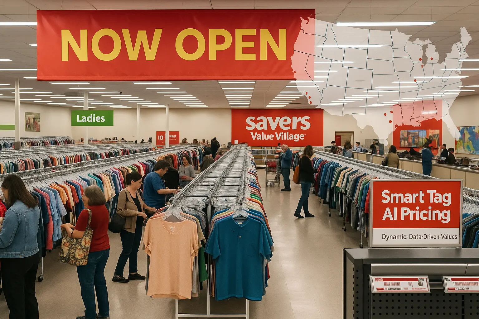 Grand-opening scene inside a new Savers Value Village store with a red 'NOW OPEN' banner, aisles of color-sorted clothing, and signage reading 'Smart Tag AI Pricing'., thrift-store