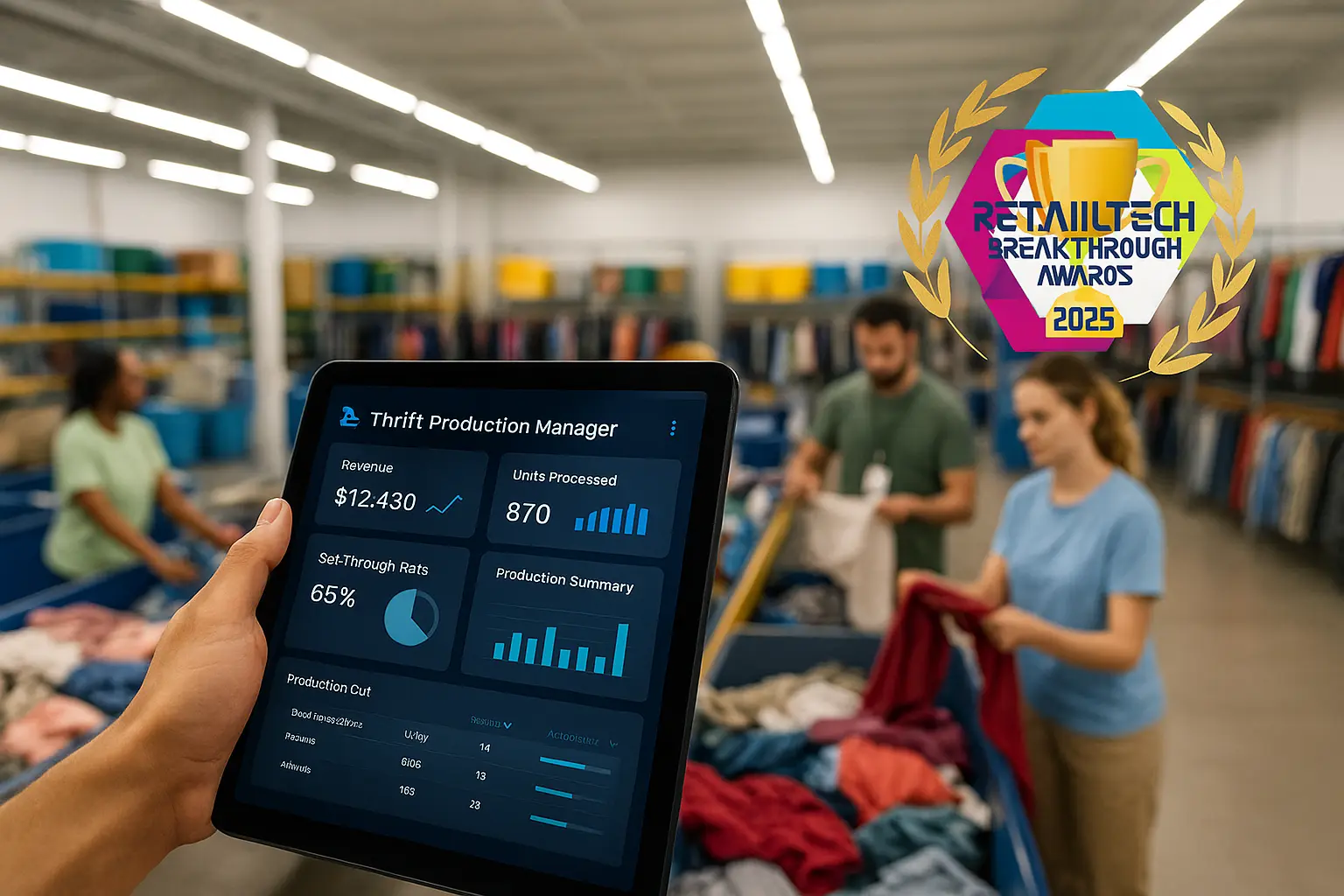 AI dashboard of Thrift Production Manager displayed on a tablet in a busy donation-sorting room, overlaid with a RetailTech Breakthrough Awards 2025 trophy badge., thrift-store