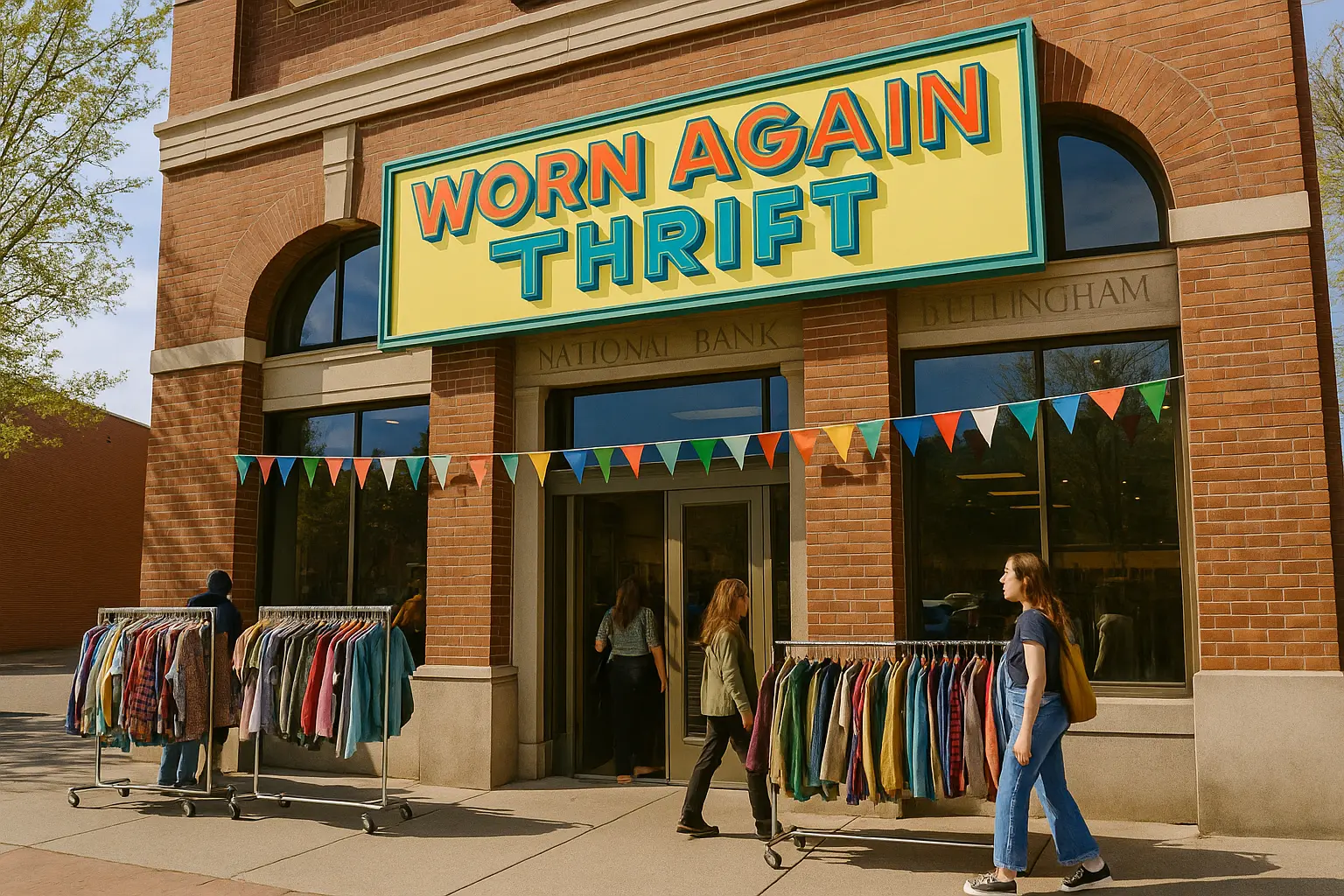 Exterior of Worn Again Thrift with colorful retro sign on historic brick facade., thrift-store